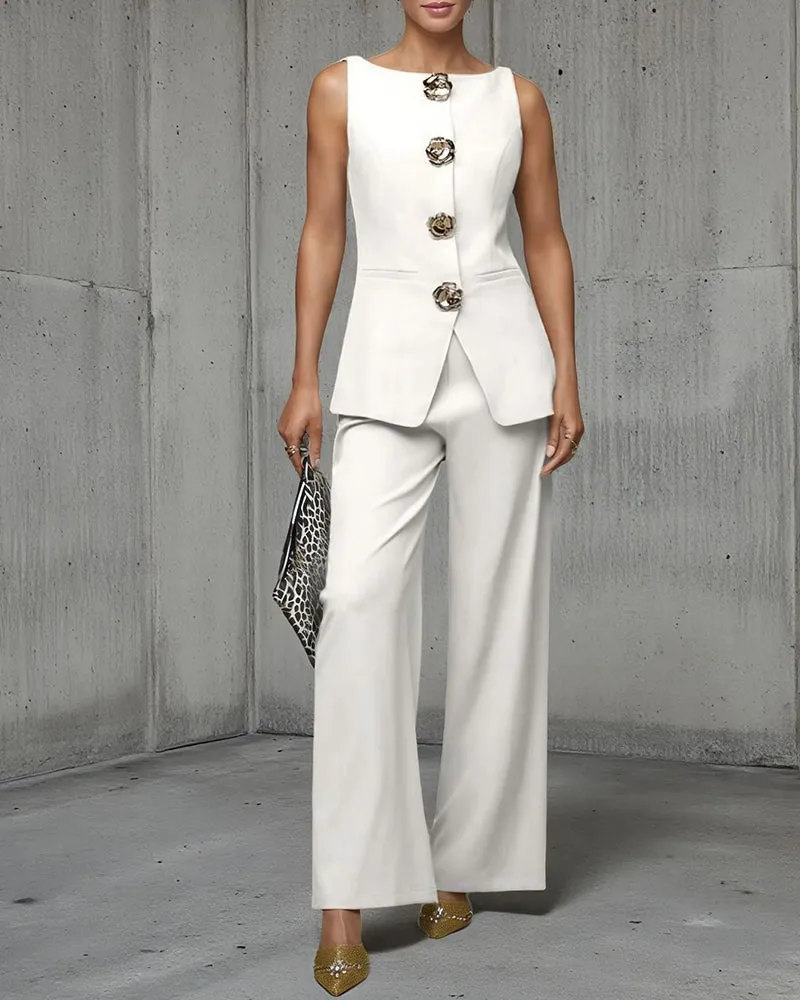 Elegant Gold Floral Button Suit Vest Pants Set sold by zeagoo