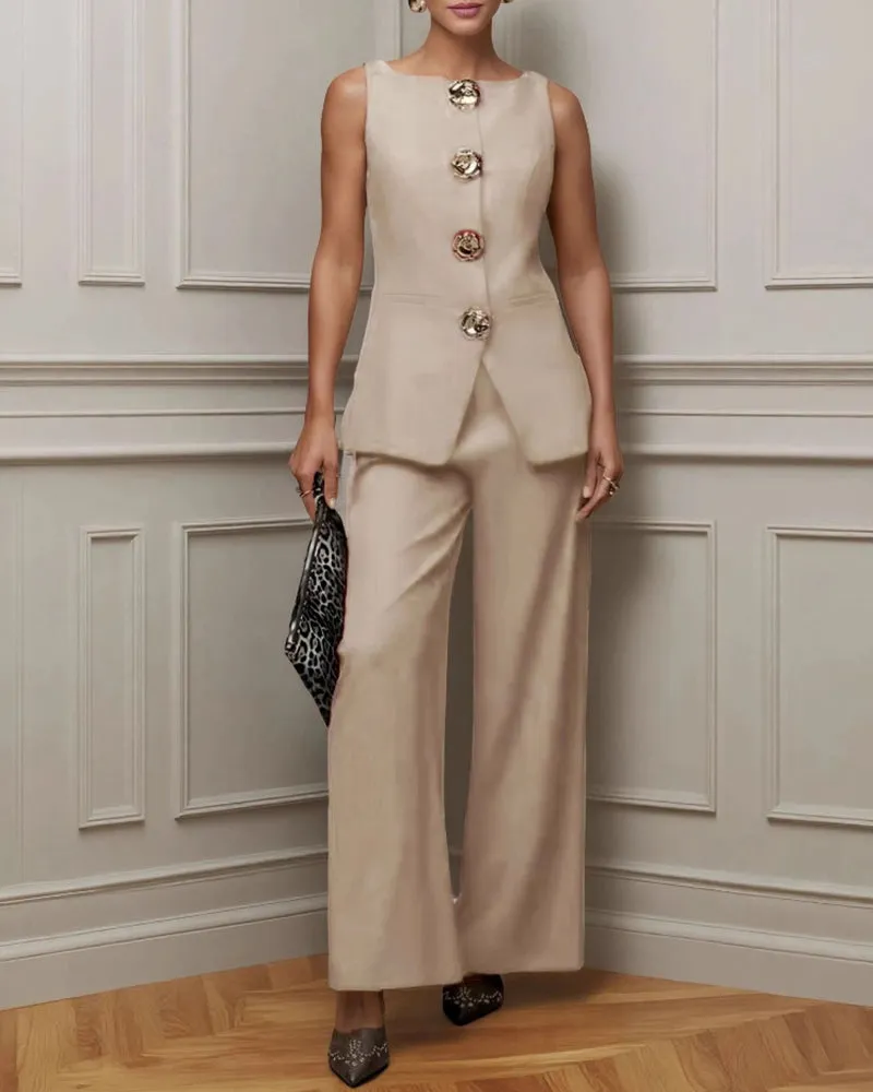 Elegant Gold Floral Button Suit Vest Pants Set sold by zeagoo product image thumbnail 2