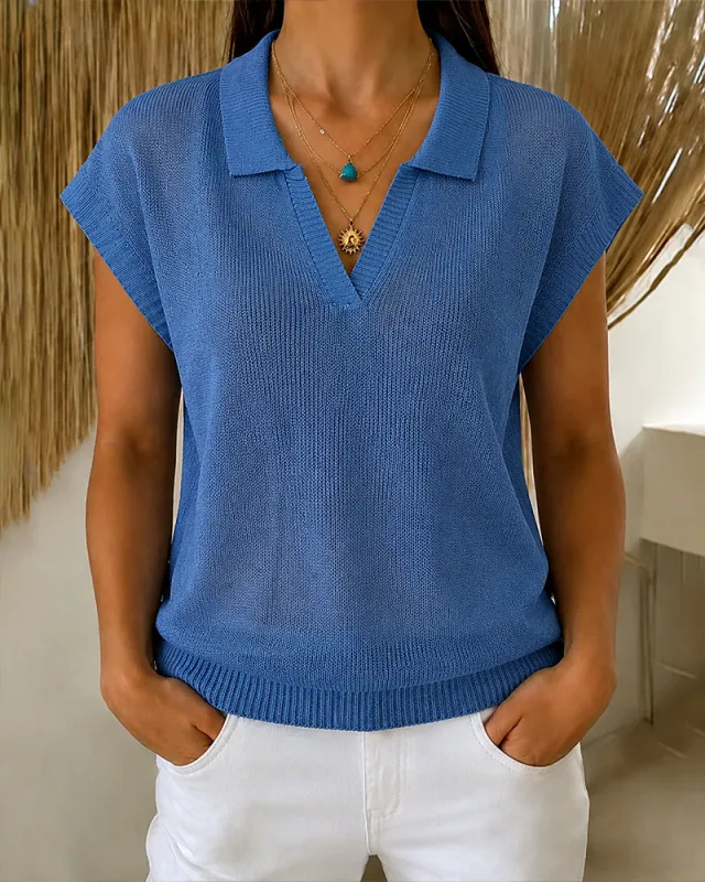Classic Polo Collar Short Sleeve Knit Top made by zeagoo