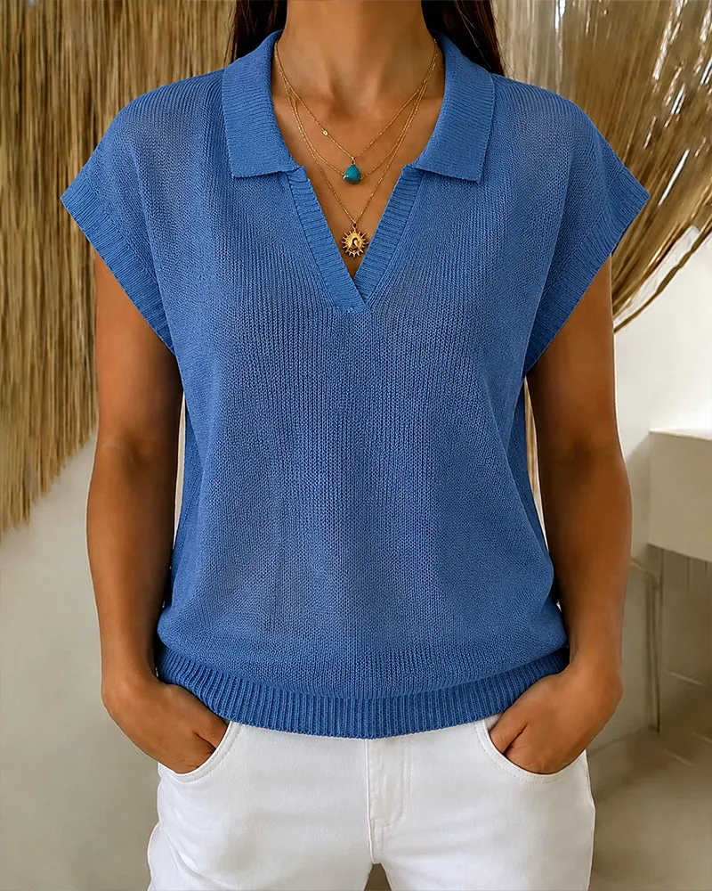 Classic Polo Collar Short Sleeve Knit Top sold by zeagoo