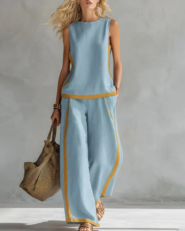 Leisure Colorblock Sleeveless Wide-Legs 2-Piece Set made by zeagoo