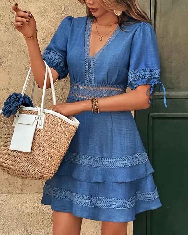 Boho Chic Lace Layered Puff Sleeve Mini Dress made by zeagoo