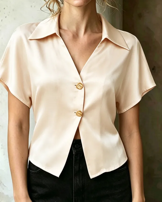 Elegant Solid Color Satin Crop Blouse made by zeagoo