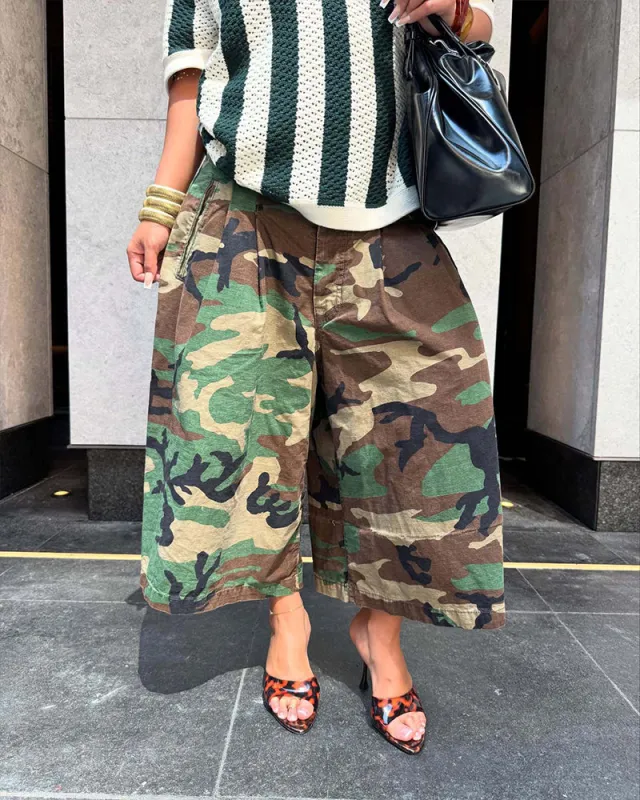 Cargo Style Wide-Leg Cotton Camo Pants made by zeagoo