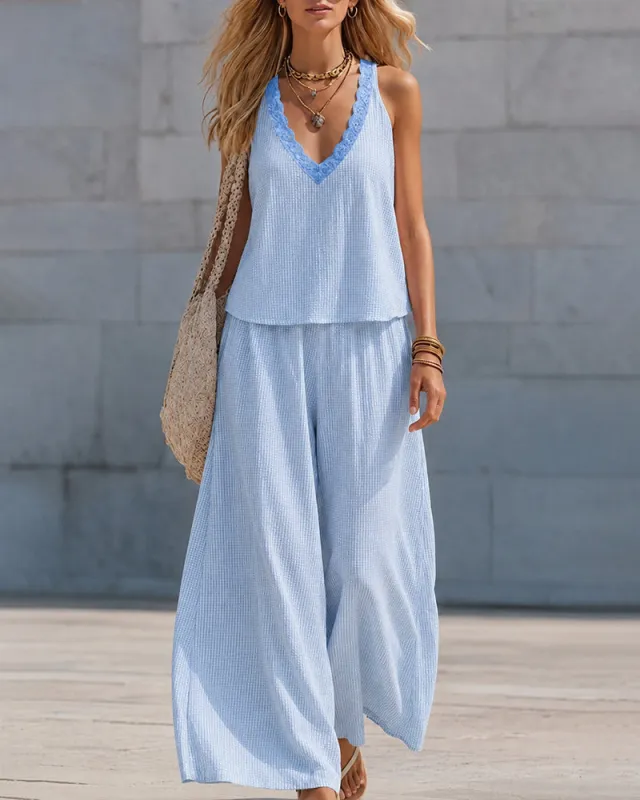 Casual Plaid Sleeveless Top and Wide-Leg Pants Set made by zeagoo
