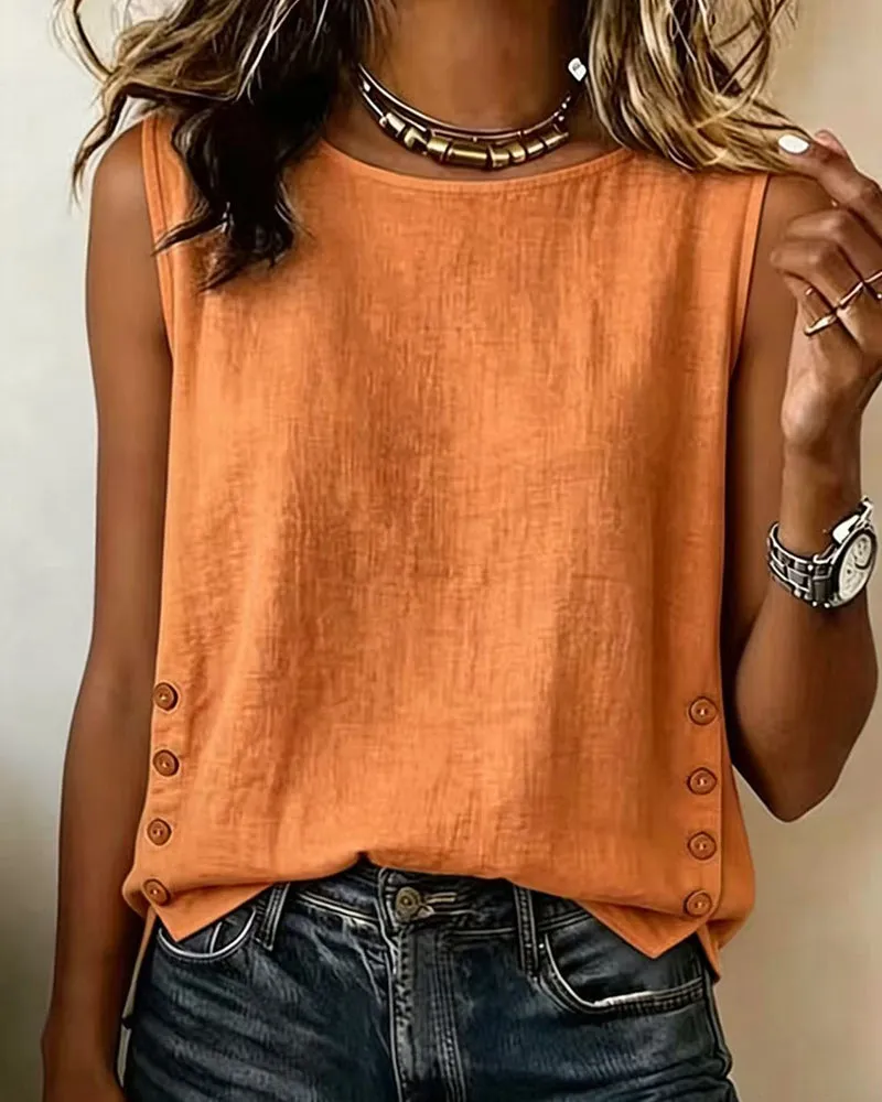 Casual Sleeveless Botton Accent Cotton Linen Top sold by zeagoo product image thumbnail 3