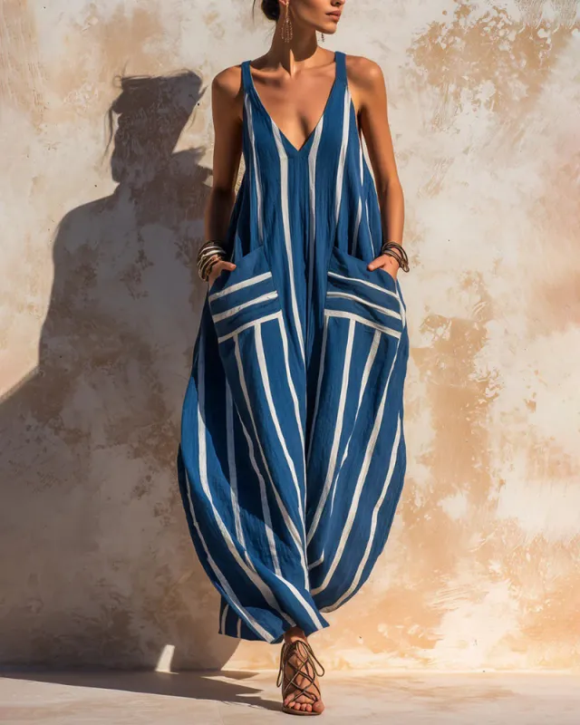 Summer Loose Fit Sleeveless Striped Wide Leg Jumpsuit made by zeagoo
