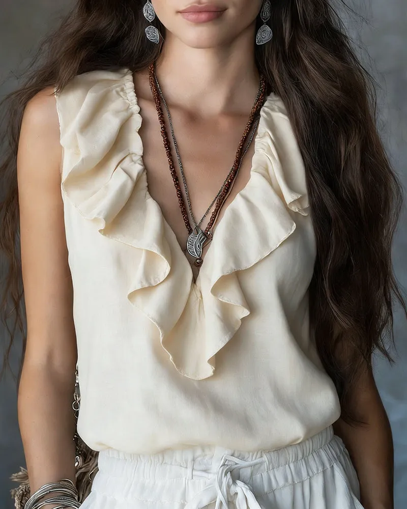 Casual Ruffled Neckline V-Neck Sleeveless Top sold by zeagoo product image thumbnail 2