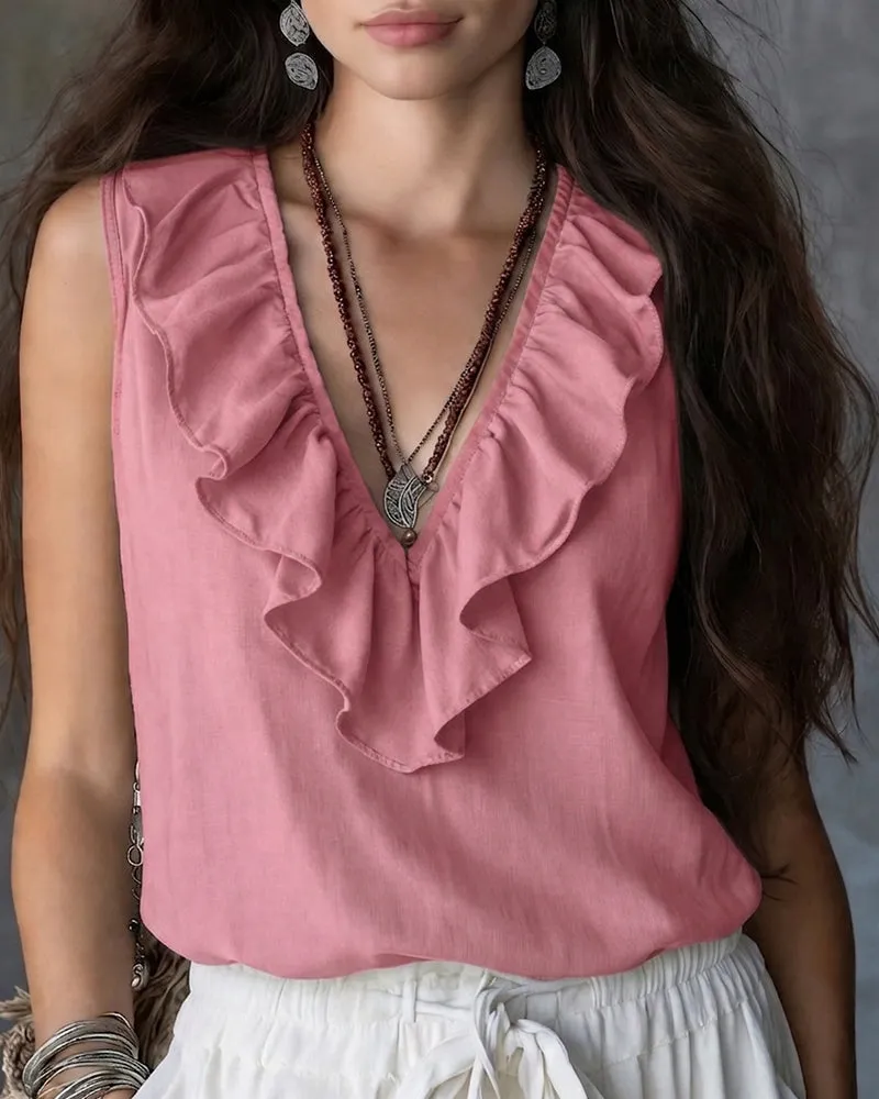 Casual Ruffled Neckline V-Neck Sleeveless Top sold by zeagoo product image thumbnail 4