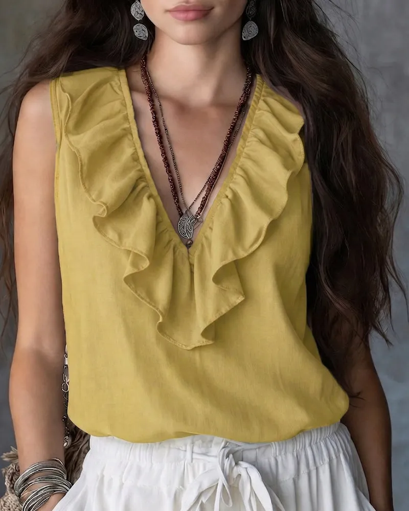 Casual Ruffled Neckline V-Neck Sleeveless Top sold by zeagoo product image thumbnail 5