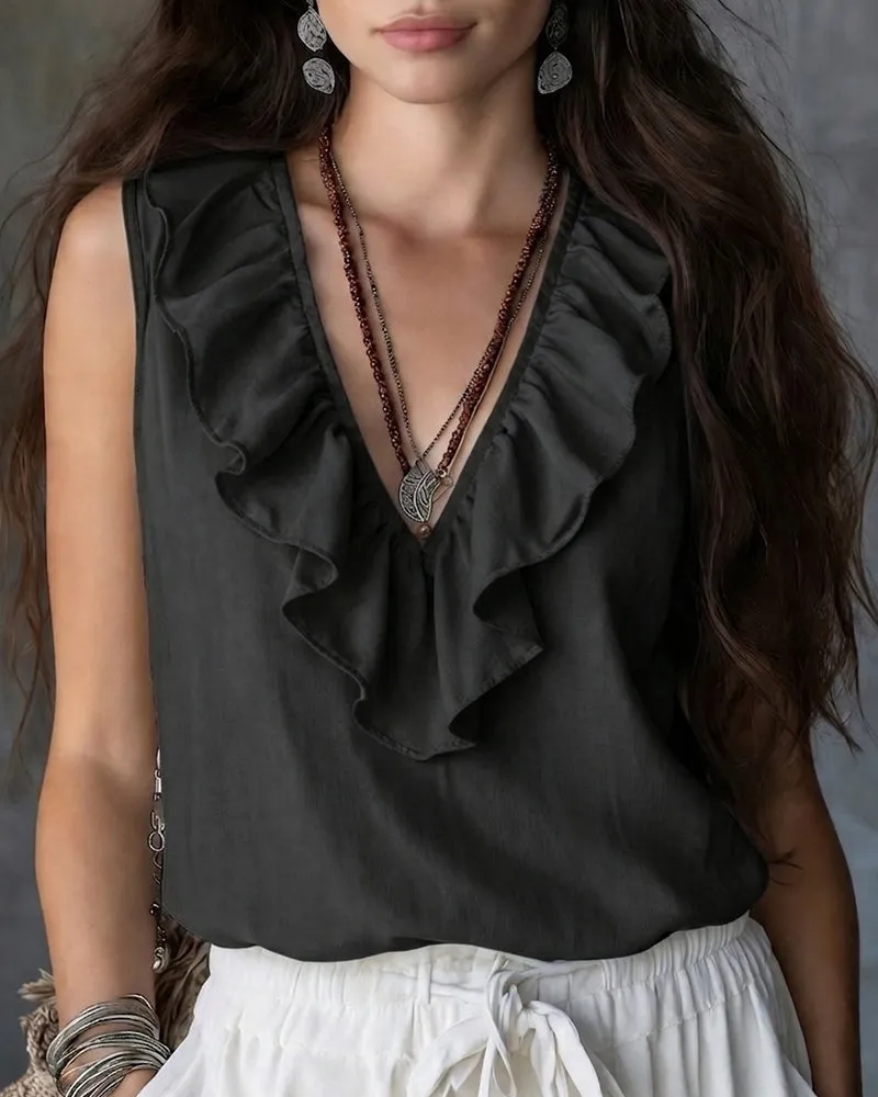 Casual Ruffled Neckline V-Neck Sleeveless Top sold by zeagoo product image thumbnail 3