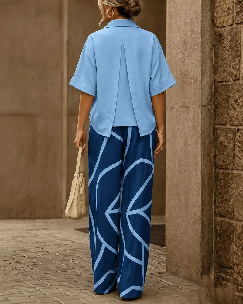 Casual Cotton Blend Blouse and Wide Leg Printed Pants Set sold by zeagoo product image thumbnail 3