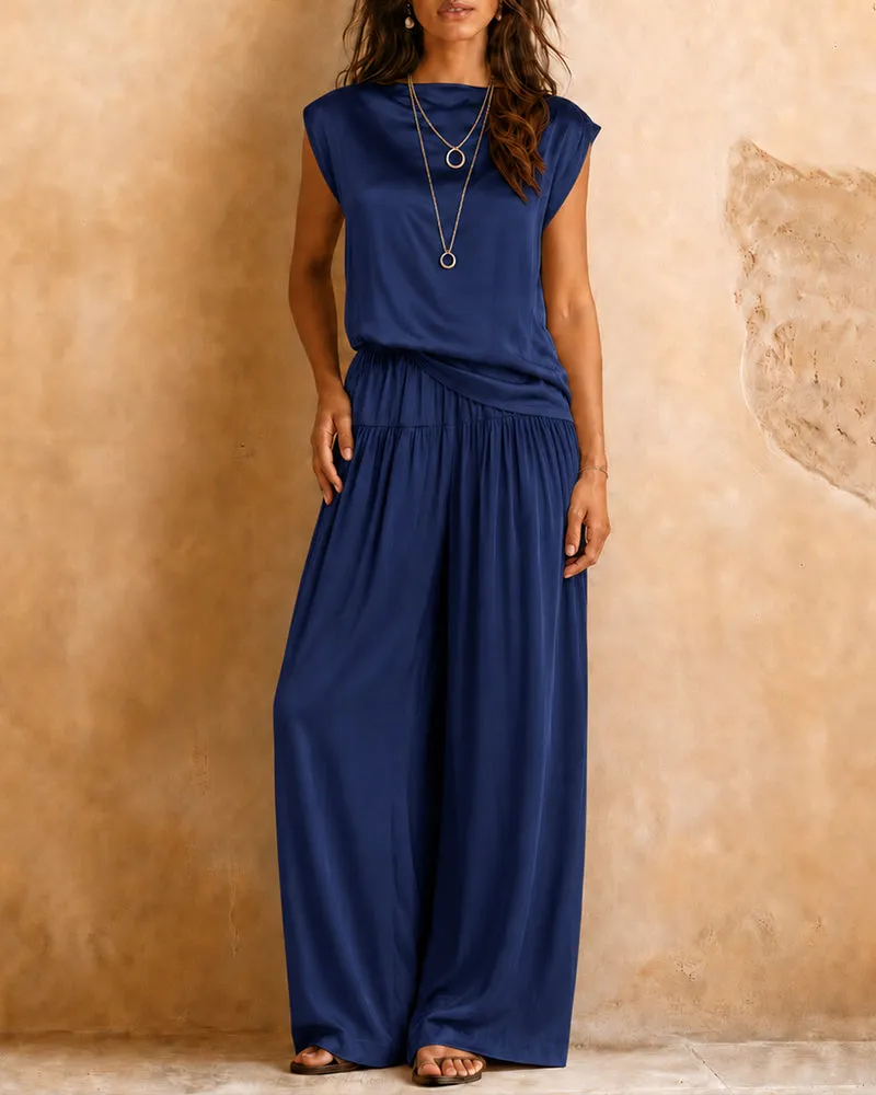 Comfy Quiet Luxury Satin Sleeveless Top and Pants Set sold by zeagoo product image thumbnail 3