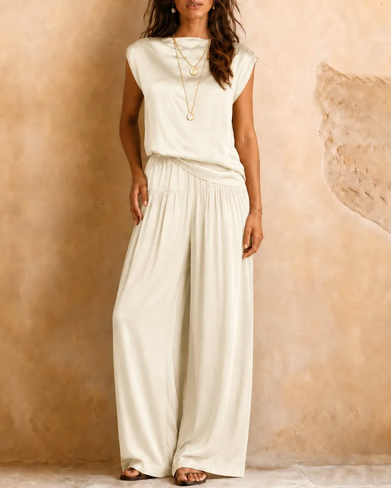 Comfy Quiet Luxury Satin Sleeveless Top and Pants Set sold by zeagoo product image thumbnail 2