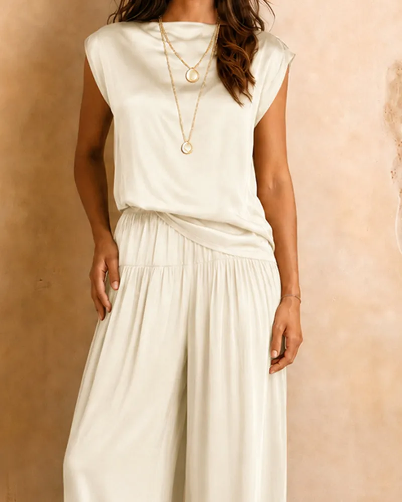 Comfy Quiet Luxury Satin Sleeveless Top and Pants Set sold by zeagoo product image thumbnail 5