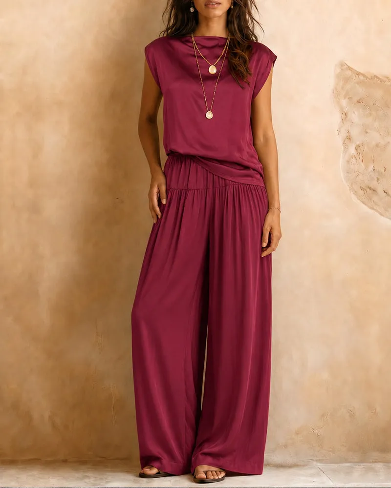 Comfy Quiet Luxury Satin Sleeveless Top and Pants Set sold by zeagoo