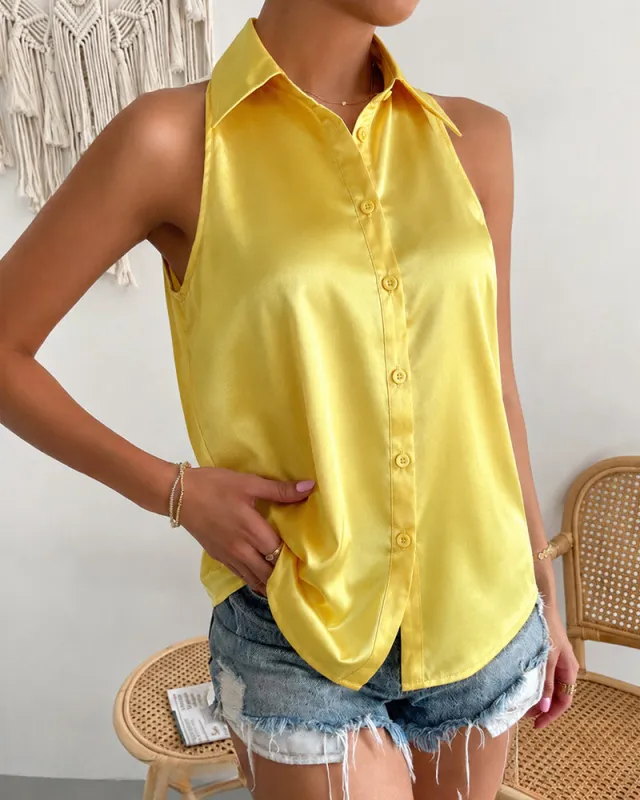 Versatile Satin Sleeveless Shirt Vest made by zeagoo