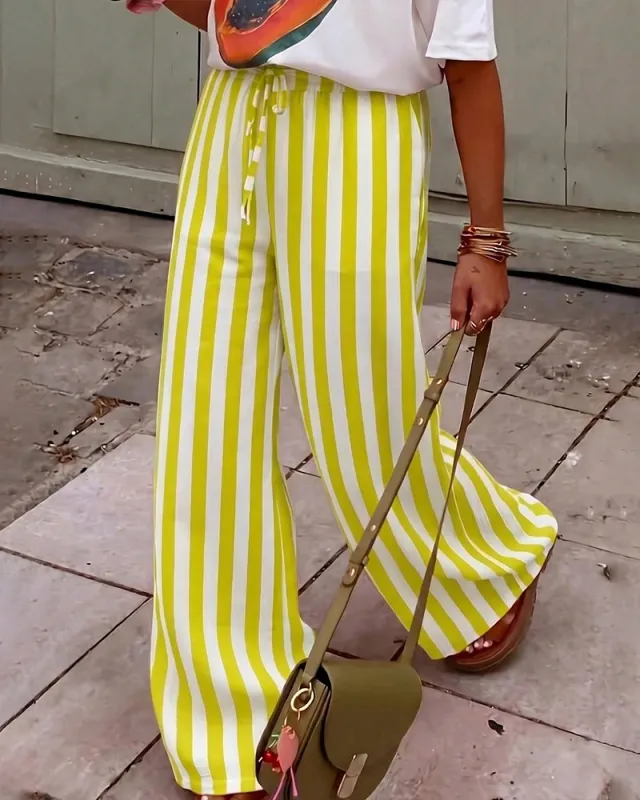 Chic Vacation Style Vertical Stripes Wide-Leg Pants made by zeagoo