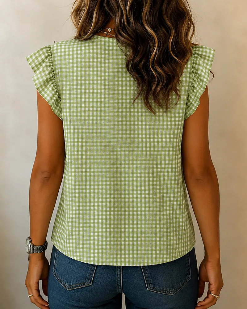Chic Casual Cotton Blend Ruffle Trim Plaid Blouse sold by zeagoo product image thumbnail 5