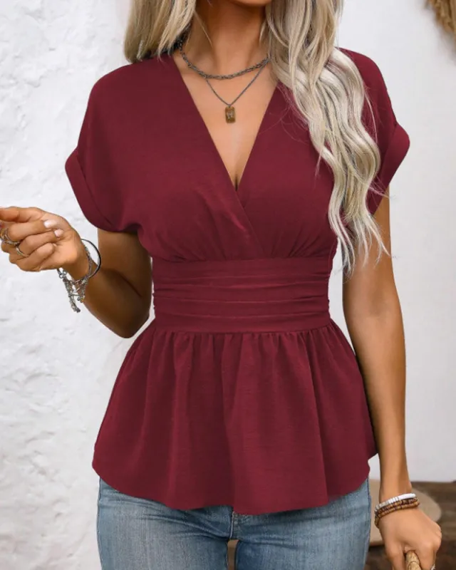 Chic Deep V-neck Short Sleeves Ruffled Hem Blouse made by zeagoo