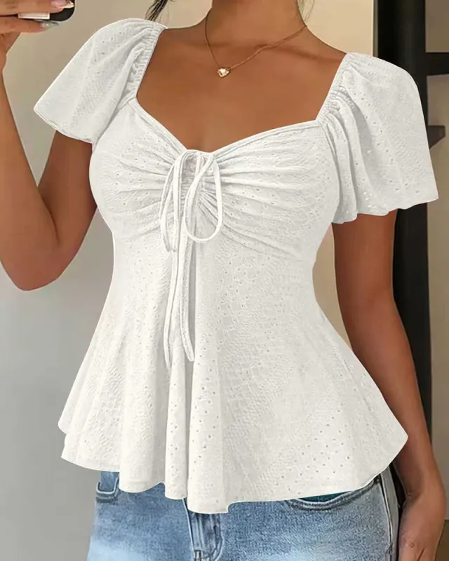 Cute Openwork Embroidered Jacquard Blouse made by zeagoo