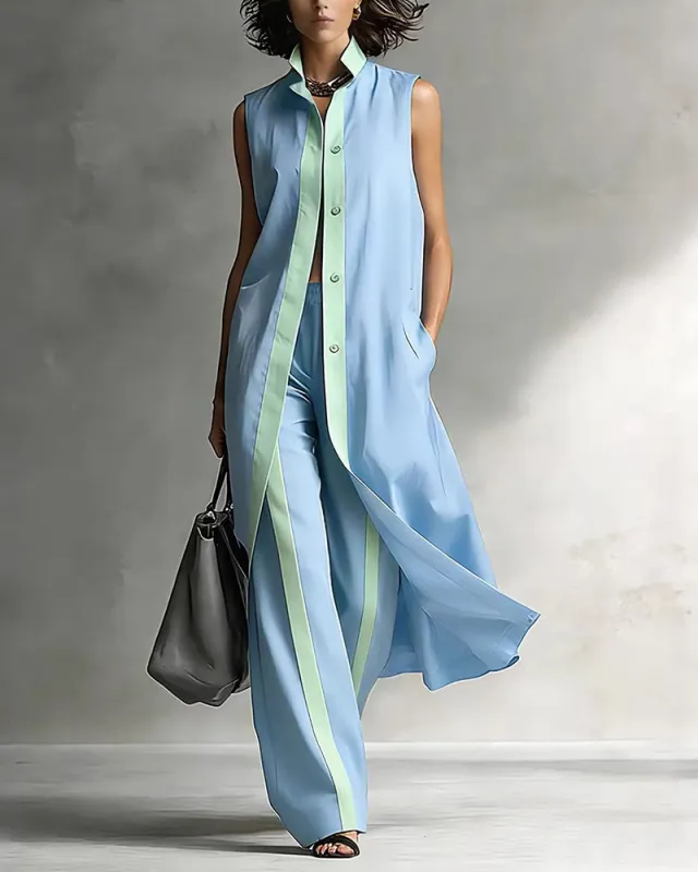 Summer Casual Commuter Sleeveless Maxi Cardigan Pants Set made by zeagoo