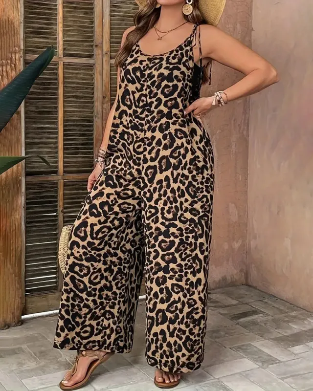 Women's Leopard Print Wide Leg Jumpsuit made by zeagoo