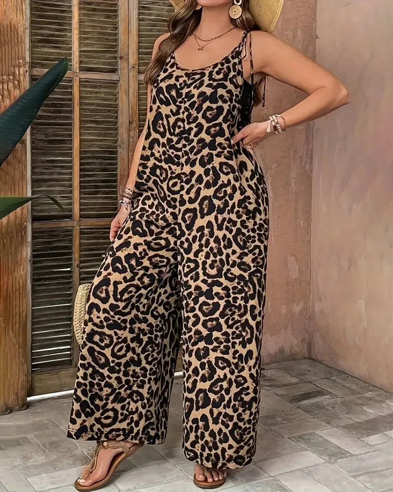 Women's Leopard Print Wide Leg Jumpsuit sold by zeagoo