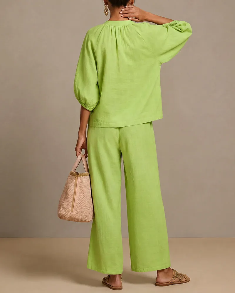 Versatile Casual Zip Front Puff Sleeve Shirt and Pants Set sold by zeagoo product image thumbnail 4