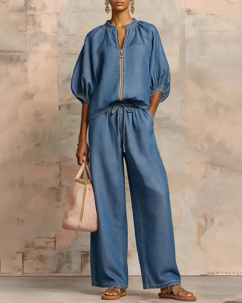 Versatile Casual Zip Front Puff Sleeve Shirt and Pants Set sold by zeagoo product image thumbnail 2