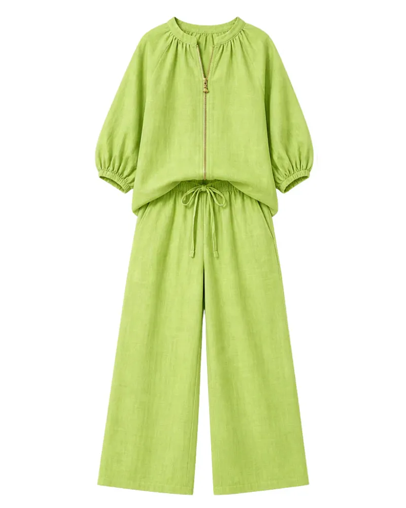 Versatile Casual Zip Front Puff Sleeve Shirt and Pants Set sold by zeagoo product image thumbnail 5
