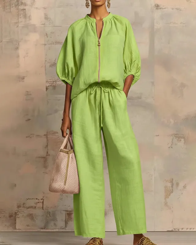 Versatile Casual Zip Front Puff Sleeve Shirt and Pants Set made by zeagoo