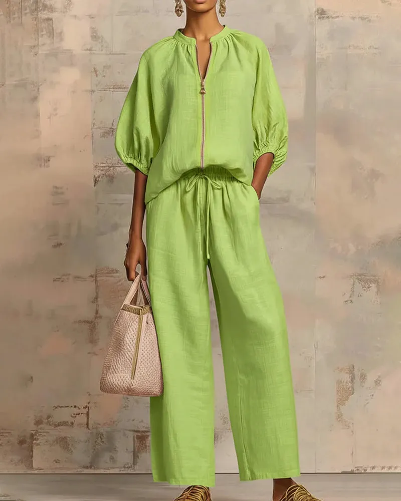 Versatile Casual Zip Front Puff Sleeve Shirt and Pants Set sold by zeagoo