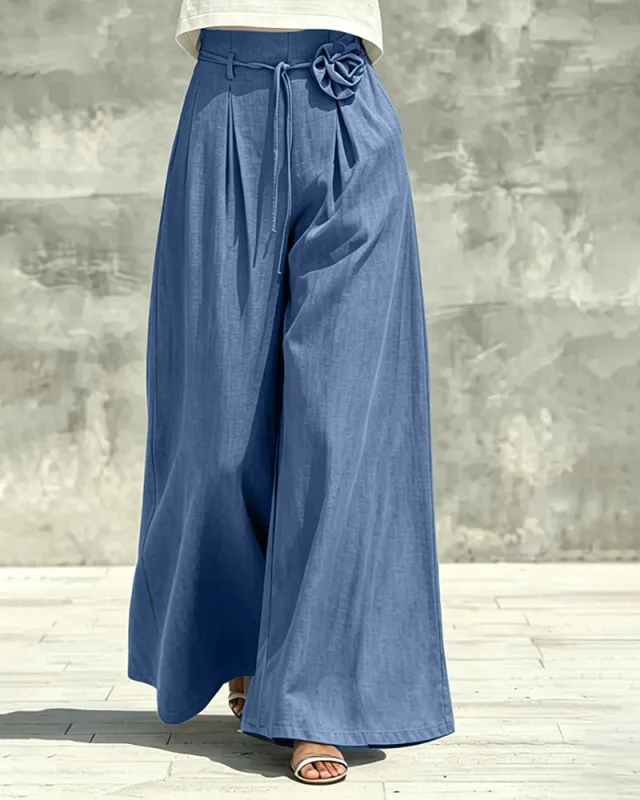 Flowing Wide Leg High Waist Pants with 3D Flower Drawstring made by zeagoo