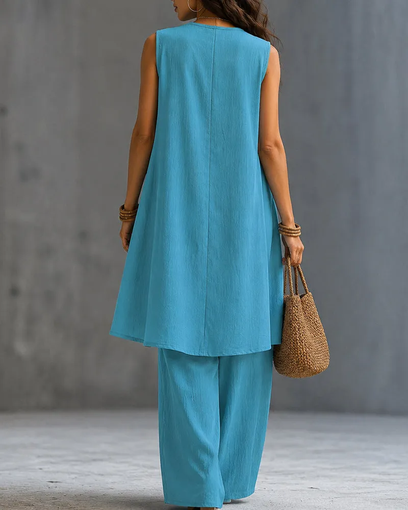 Casual Sleeveless V-Neck Draped Top And Wide Leg Pants Set sold by zeagoo product image thumbnail 3