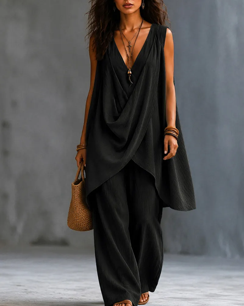 Casual Sleeveless V-Neck Draped Top And Wide Leg Pants Set sold by zeagoo product image thumbnail 4