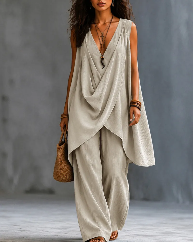 Casual Sleeveless V-Neck Draped Top And Wide Leg Pants Set sold by zeagoo product image thumbnail 5