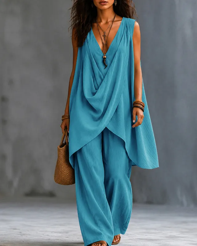 Casual Sleeveless V-Neck Draped Top And Wide Leg Pants Set made by zeagoo