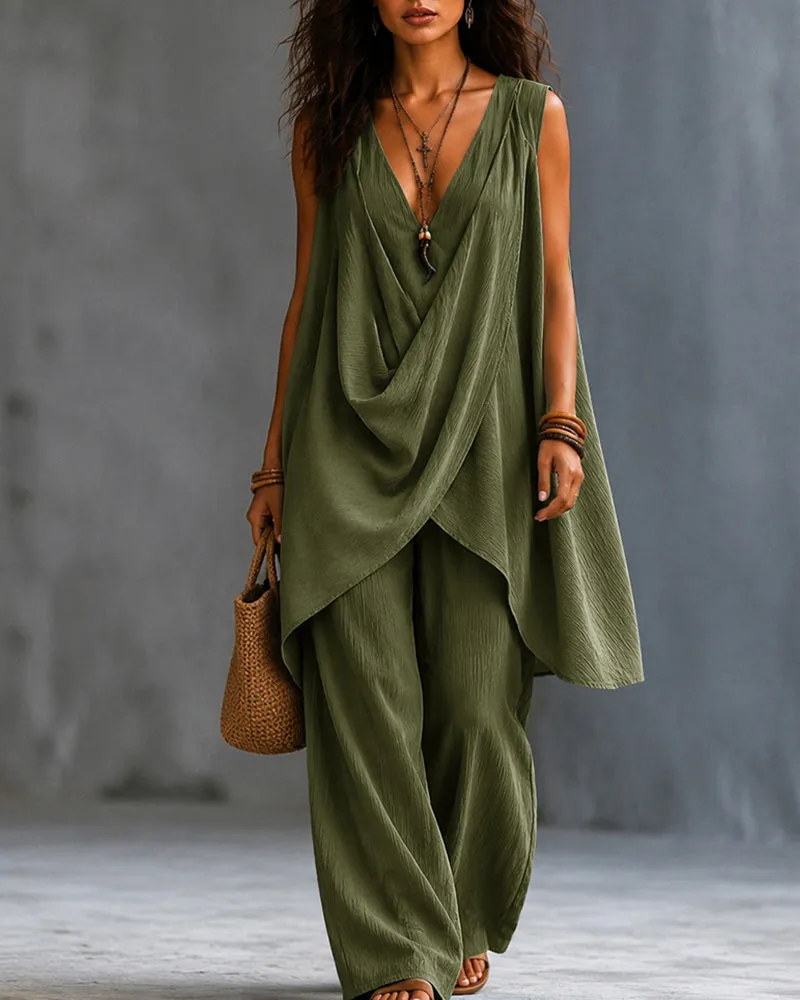 Casual Sleeveless V-Neck Draped Top And Wide Leg Pants Set sold by zeagoo product image thumbnail 2