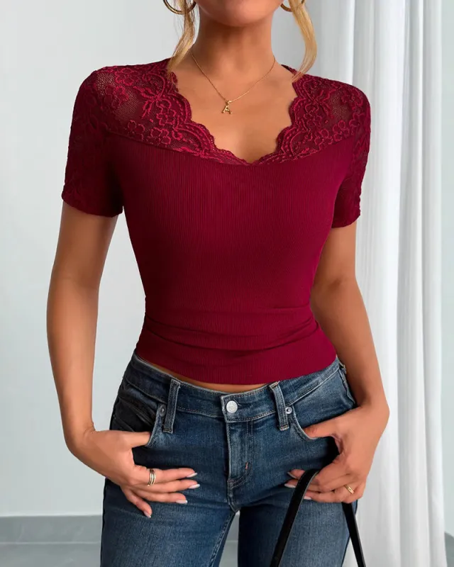 Versatile V-neck Lace Splicing Pit-Stripe Knit Wrap Top made by zeagoo