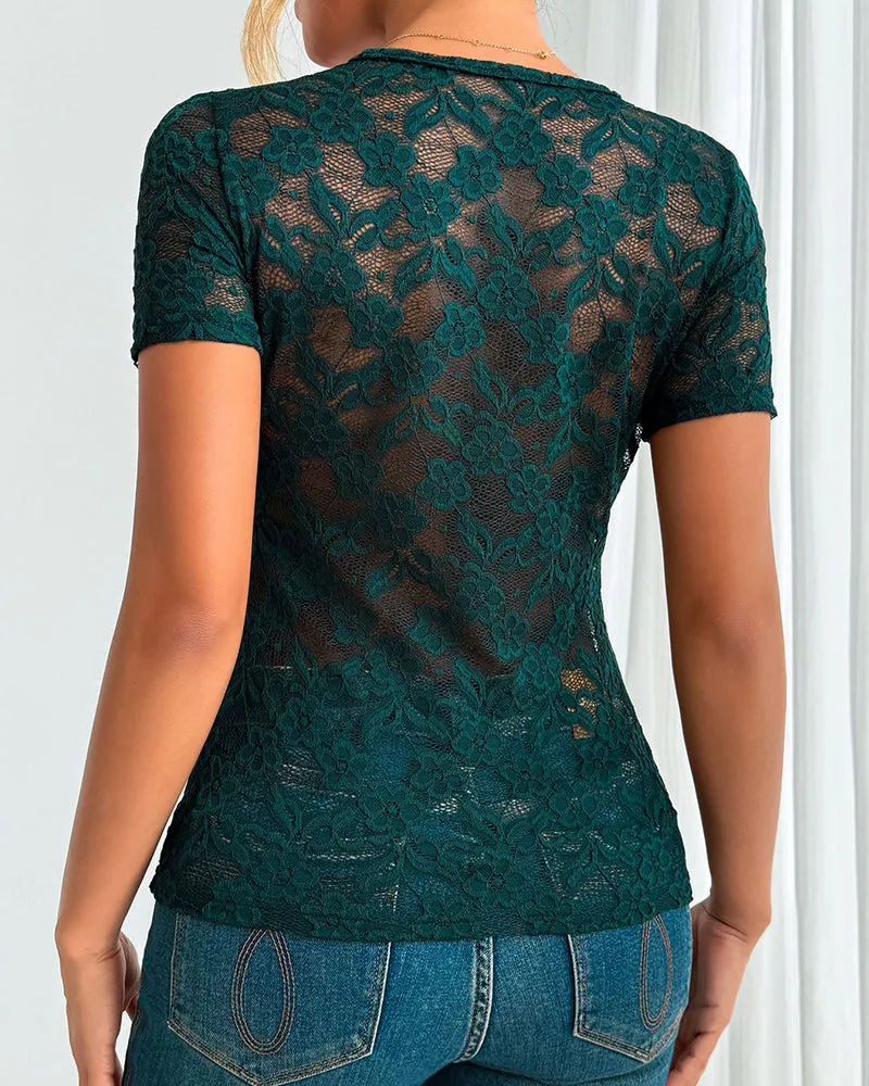 Fashion Deep V-neck Elastic Floweral Lace Top sold by zeagoo product image thumbnail 4