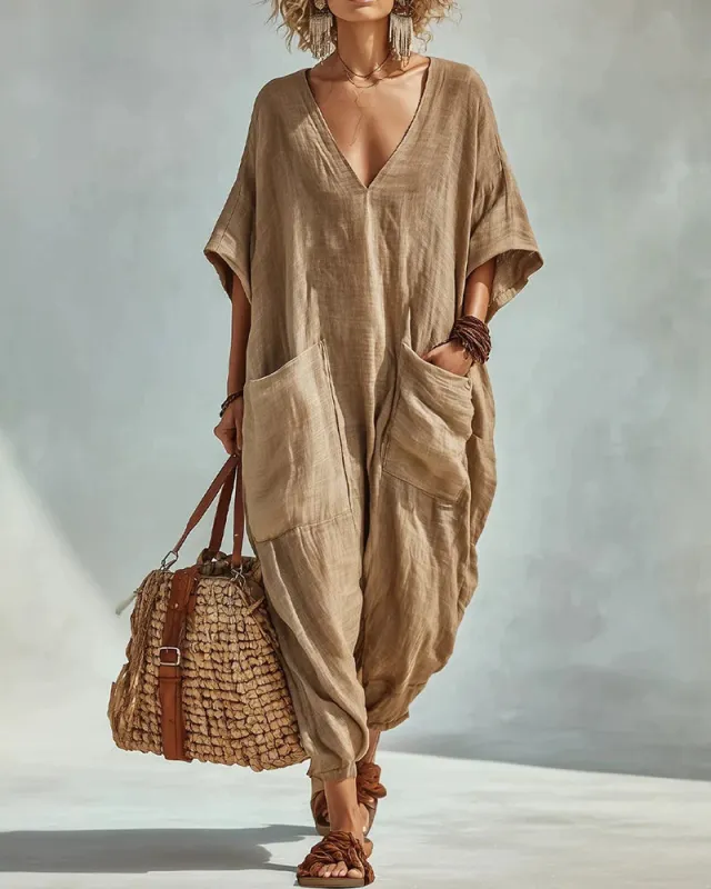 Casual Loose V-Neck Double Pocket Harem Jumpsuit made by zeagoo