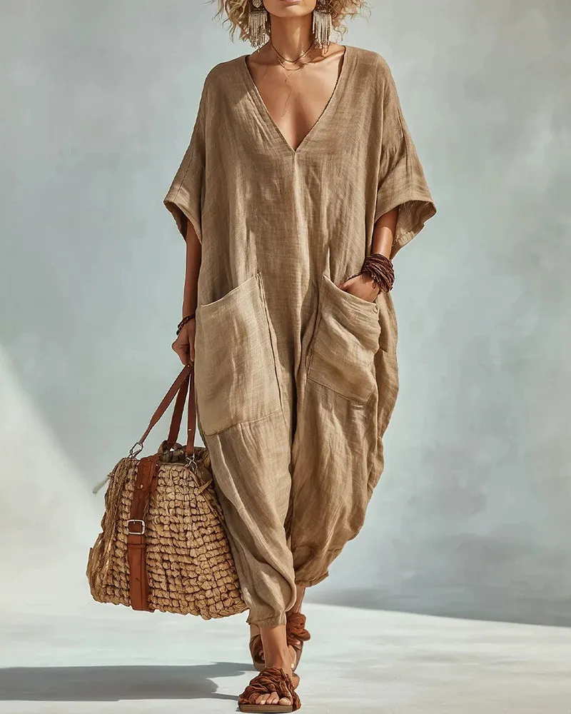 Casual Loose V-Neck Double Pocket Harem Jumpsuit sold by zeagoo