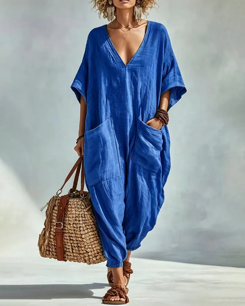 Casual Loose V-Neck Double Pocket Harem Jumpsuit sold by zeagoo product image thumbnail 5