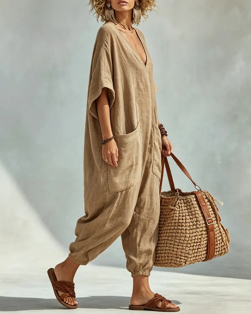 Casual Loose V-Neck Double Pocket Harem Jumpsuit sold by zeagoo product image thumbnail 4