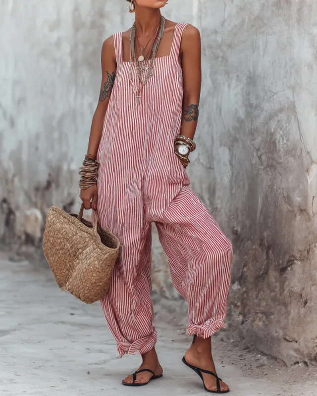 Casual Vertical Striped Square-Neck Sleeveless Jumpsuit made by zeagoo