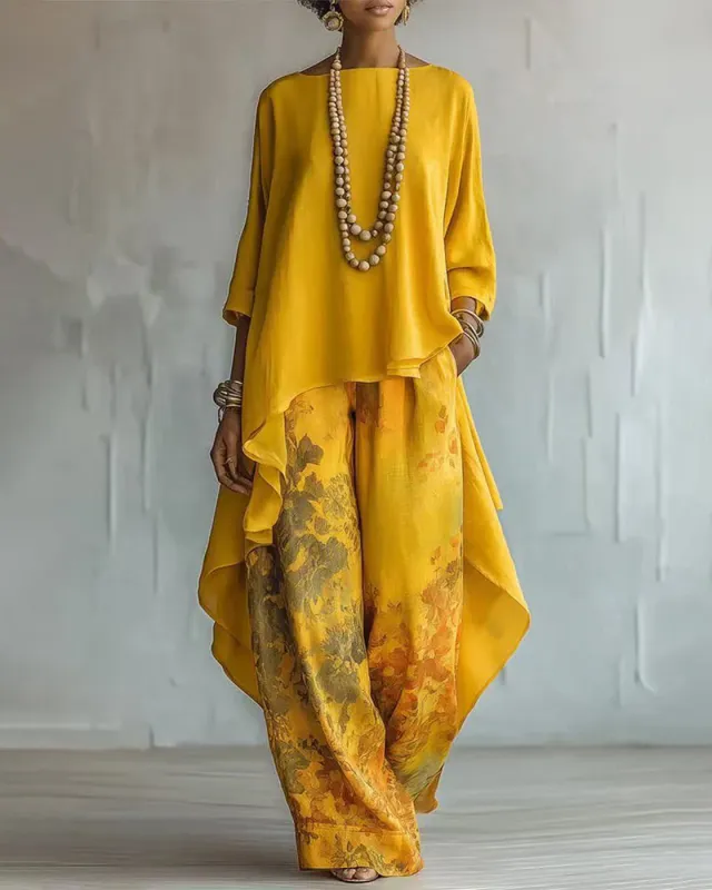 Boat Neck High Low Hem Top & Floral Wide Leg Pants Set made by zeagoo