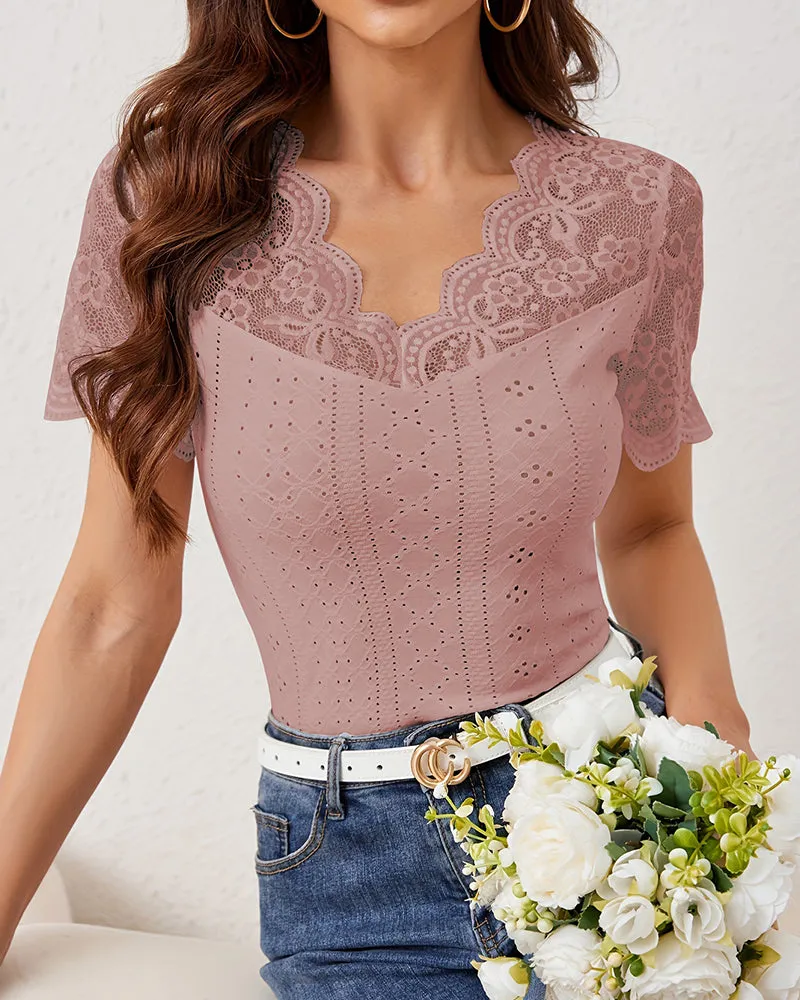 Scalloped Lace V Neck Short Sleeve Eyelet Top sold by zeagoo product image thumbnail 5