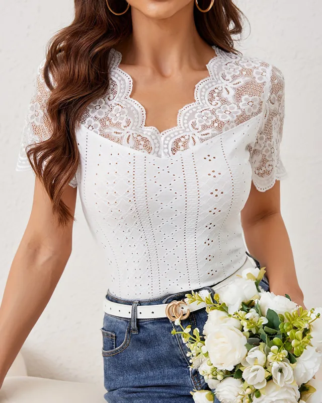 Scalloped Lace V Neck Short Sleeve Eyelet Top made by zeagoo