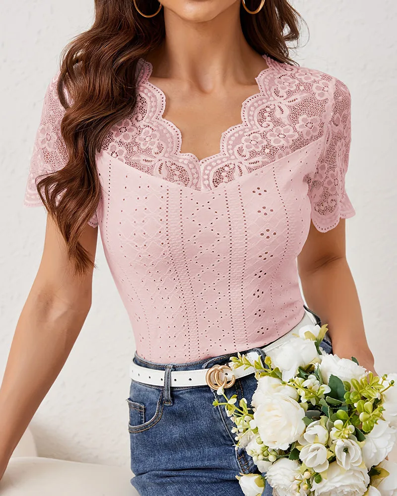 Scalloped Lace V Neck Short Sleeve Eyelet Top sold by zeagoo product image thumbnail 4